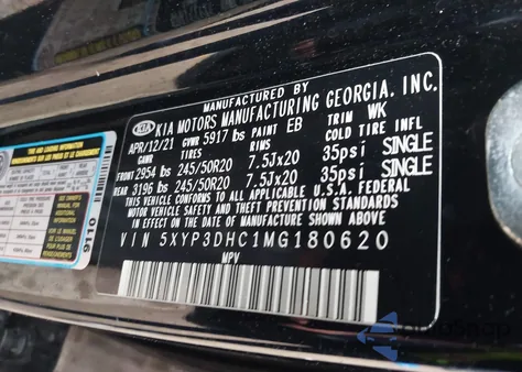 2021 Kia Telluride Ex z USA, uszkodzony, nr VIN 5XYP3DHC1MG180620